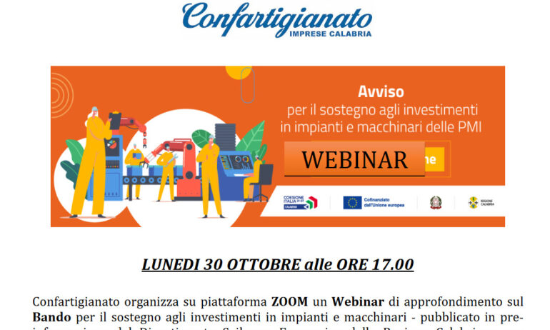 Il 30 ottobre Webinar di approfondimento sul Bando per il sostegno agli investimenti in impianti e macchinari